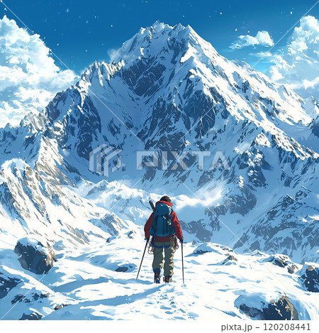 雪山を進む登山者と壮大な山岳風景 120208441