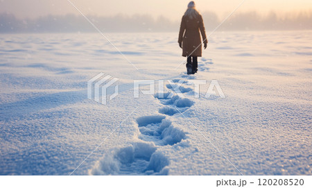 新雪に残る1人の人間の足跡 新雪に残る1人の人間の足跡 120208520