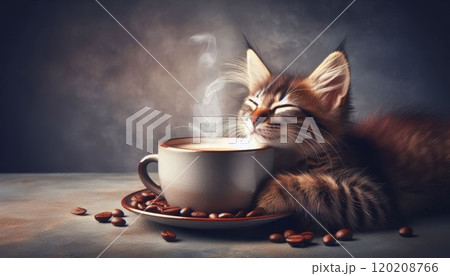 Kitten resting with a cup of hot coffee surrounded by coffee beans. Cozy and relaxation concept 120208766