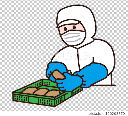 食品工場で働く白い衛生服を着た作業員 120208870