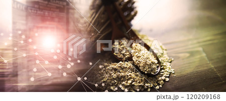 The concept of the cost of grain. 5000 ruble banknotes around a handful of ground grain. World hunger. The concept of the cost of grain. 5000 ruble banknotes around a handful of ground grain. World hunger. 120209168