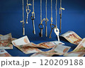 Retro keys on ropes in hand. Flying banknotes. Concept of business ideas. 120209188