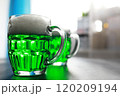 Saint Patrick's Day holiday. National Irish holiday. Green beer. Hand with a mug of emerald beer in a bar. 120209194