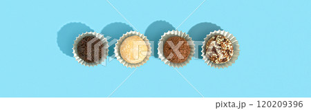 Typical Brazilian sweet brigadeiro. Assorted flavors of candies in a line on a blue background Typical Brazilian sweet brigadeiro. Assorted flavors of candies in a line on a blue background 120209396