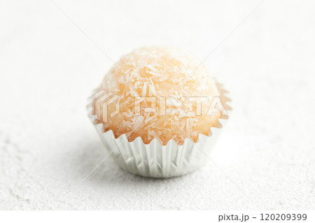 Typical Brazilian sweet brigadeiro. One coconut candy on a white background Typical Brazilian sweet brigadeiro. One coconut candy on a white background 120209399