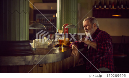 Elderly bearded man in checkered shirt sitting at warm lit bar, drinking beer, talking to bartender and having relaxing time Elderly bearded man in checkered shirt sitting at warm lit bar, drinking beer, talking to bartender and having relaxing time 120209496