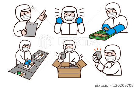食品工場で働く白い衛生服を着た作業員イラストセット 食品工場で働く白い衛生服を着た作業員イラストセット 120209709