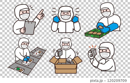 食品工場で働く白い衛生服を着た作業員イラストセット 食品工場で働く白い衛生服を着た作業員イラストセット 120209709