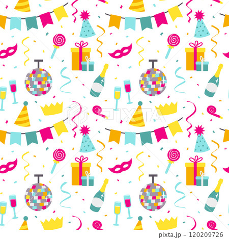 Seamless pattern with party decoration elements in cartoon flat style on white background. Vector illustration Seamless pattern with party decoration elements in cartoon flat style on white background. Vector illustration 120209726