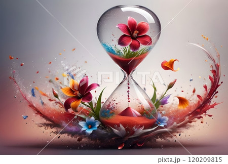 abstract background of colorful bright flowers and petals and hourglass 120209815
