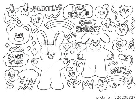 Outline of teddy bear, bunny, puppy, flowers, star, heart, apple, orange, rainbow, rain and clouds for cartoon characters, animals, zoo, souvenir shop, cute patch, kid colouring book, art, painting Outline of teddy bear, bunny, puppy, flowers, star, heart, apple, orange, rainbow, rain and clouds for cartoon characters, animals, zoo, souvenir shop, cute patch, kid colouring book, art, painting 120209827