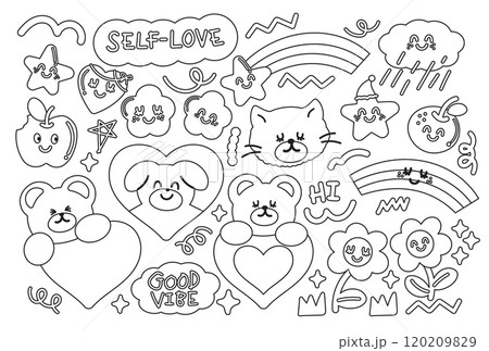 Outline of teddy bear, cat, puppy, flower, star, heart, apple, orange, rainbow for kid colouring book, art, painting, cartoon character, animals, zoo, souvenir, cute patch, print, standee, stickers	 120209829