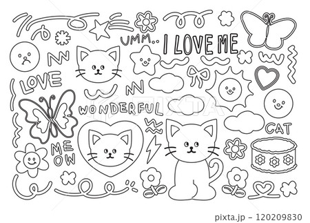 Outlines of cat, butterfly, cake, ribbon, flowers, sun, star, doodles for kid colouring book, art, painting, animal, pet, cute patch, kitten cartoon, characters, floral print, spring, summer, sketch Outlines of cat, butterfly, cake, ribbon, flowers, sun, star, doodles for kid colouring book, art, painting, animal, pet, cute patch, kitten cartoon, characters, floral print, spring, summer, sketch 120209830