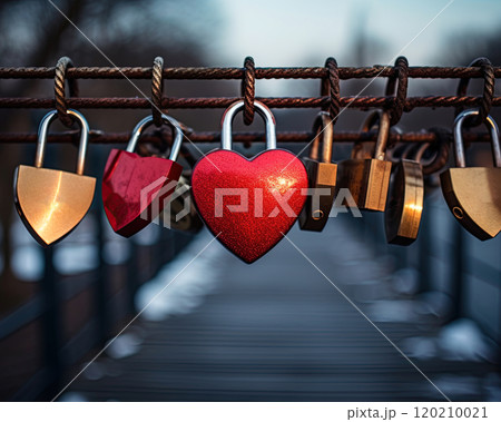 Padlock in shape of a heart on a fence among many other padlocks. Valentines Day, love and relationship concept. Generative Ai 120210021