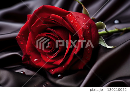 Red rose o a silk cloth. Valentines day poster, postcard design. Generative Ai 120210032