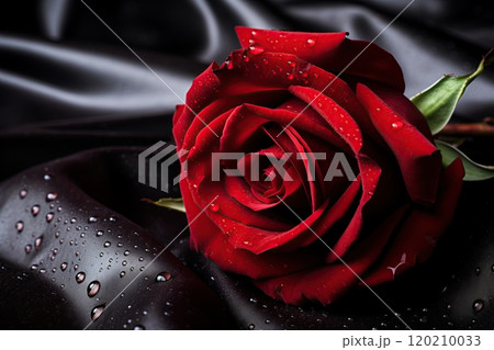 Red rose o a silk cloth. Valentines day poster, postcard design. Generative Ai 120210033