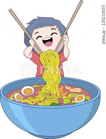 Happy Cartoon Boy Mascot Stirring a Large Bowl of Delicious Ramen Noodles with Chopsticks 120210055