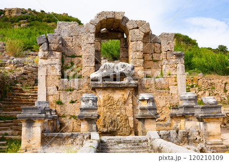 Scenic ruins of nymphaeum (nymphaion) in Perge (Perga) at Antalya Province, Turkey. 120210109