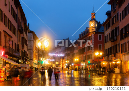 Night view of Place Saint-Leger in Chambery decorated with Christmas lights 120210121