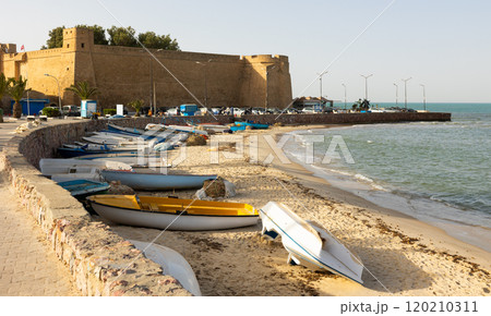 Mediterranean sea and outer stone wall of fort surrounding old medina of Hammamet, Tunisia Mediterranean sea and outer stone wall of fort surrounding old medina of Hammamet, Tunisia 120210311