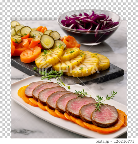 Bauernwurst sliced and presented on a marble slab with a few pickled vegetables and a 120210773