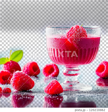 Raspberry sorbet in a stemmed glass topped with fresh raspberries and a sprinkle of powdered 120210862
