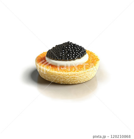 Caviar blini golden buckwheat pancake round creme fraiche quenelle caviar mound in glass isolated Food 120210868