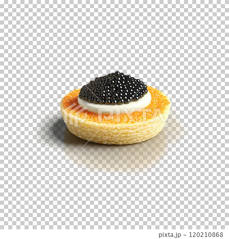 Caviar blini golden buckwheat pancake round creme fraiche quenelle caviar mound in glass isolated Food 120210868