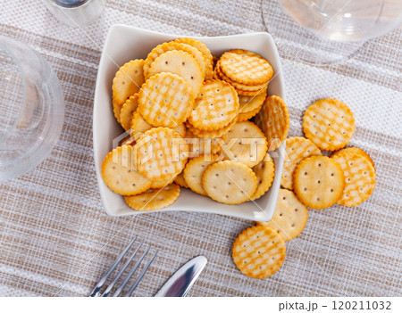 Appetizing crackers in a plate on the table 120211032