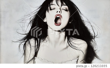 Beautiful gothic woman screaming with open mouth and eyes closed 120211035