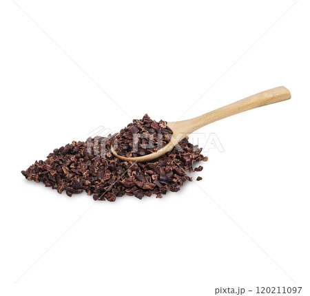 Cocoa nibs that are strong and have not undergone any processing other than roasting and shelling isolated on white background Cocoa nibs that are strong and have not undergone any processing other than roasting and shelling isolated on white background 120211097