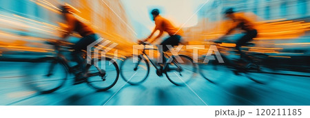 Cycling in the city. Motion blurred people riding bicycles in the city. Urban cycling 120211185