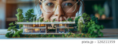 Architect. A young European woman looks at a table with an architectural model of a modern green house with trees Architect. A young European woman looks at a table with an architectural model of a modern green house with trees 120211359