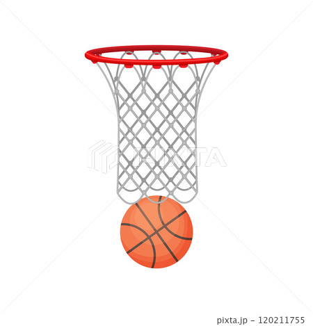 A basketball and a basketball basket. The ball is in the basketball basket. Sports equipment for playing basketball. Vector illustration. A basketball and a basketball basket. The ball is in the basketball basket. Sports equipment for playing basketball. Vector illustration. 120211755