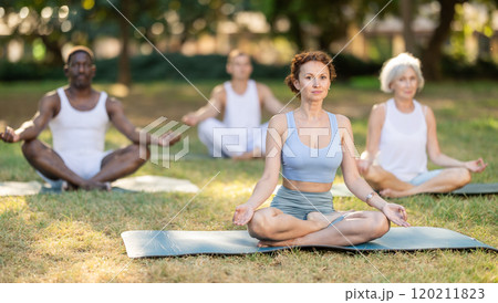 Multinational yoga enthusiasts with female coach perform padmasana in park 120211823