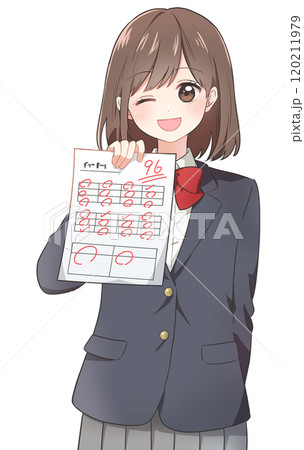 高得点のテストを持ったアニメタッチの笑顔の女子学生 120211979