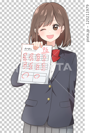 高得点のテストを持ったアニメタッチの笑顔の女子学生 120211979