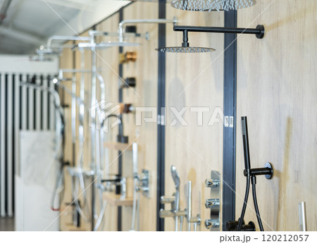 Samples of construction materials in the showroom of hardware store 120212057