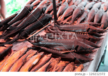Smoked fish on shelves of Volga region. Russia Smoked fish on shelves of Volga region. Russia 120212372