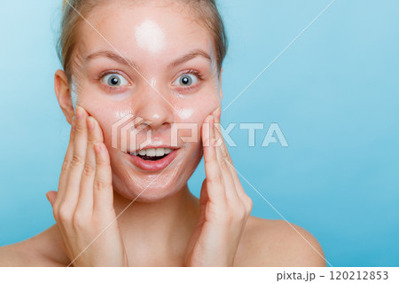 Woman in facial peel off mask. Woman in facial peel off mask. 120212853