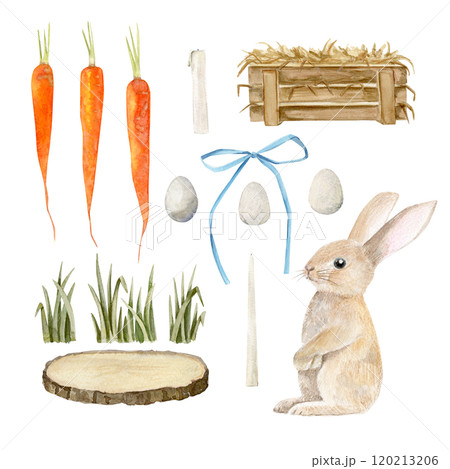 Watercolor set with rabbit, carrot, tree cut, eggs, candles, wooden box with straw, grass and bow Watercolor set with rabbit, carrot, tree cut, eggs, candles, wooden box with straw, grass and bow 120213206