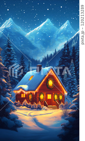 Illustration of cozy, snow-covered cabin in winter forest, adorned with Christmas decorations. Log cabin is surrounded by snow-covered trees under starry night sky with large mountains in background 120213289