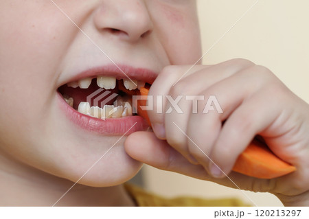 Child with crooked teeth. child eats carrots. close-up 120213297