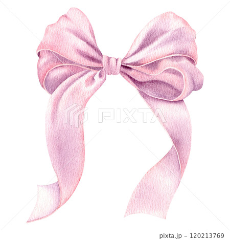 Pink satin ribbon bow. Hand drawn watercolor illustration of silk knot on isolated background for gift or present. Drawing of ornate textile tape for polygraphy, planner, sticker, decor, gift boxes. 120213769