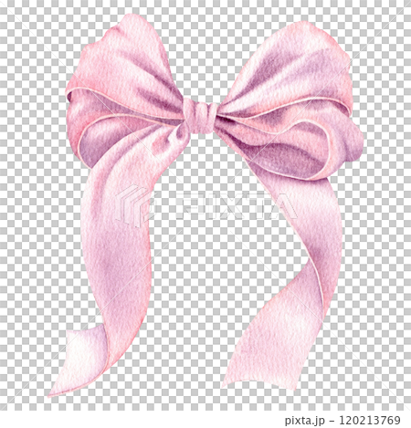 Pink satin ribbon bow. Hand drawn watercolor illustration of silk knot on isolated background for gift or present. Drawing of ornate textile tape for polygraphy, planner, sticker, decor, gift boxes. 120213769