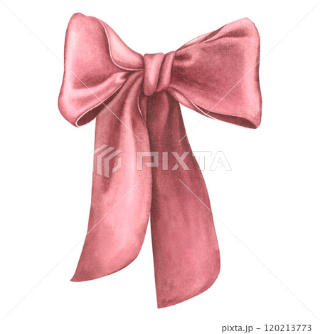 Dark red satin ribbon bow with delicate folds. Hand drawn watercolour illustration of silk knot on isolated background for present. Drawing of ornate textile tape for polygraphy, planner gift box. 120213773