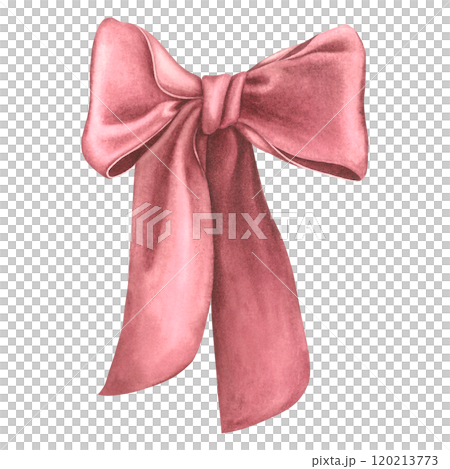 Dark red satin ribbon bow with delicate folds. Hand drawn watercolour illustration of silk knot on isolated background for present. Drawing of ornate textile tape for polygraphy, planner gift box. 120213773