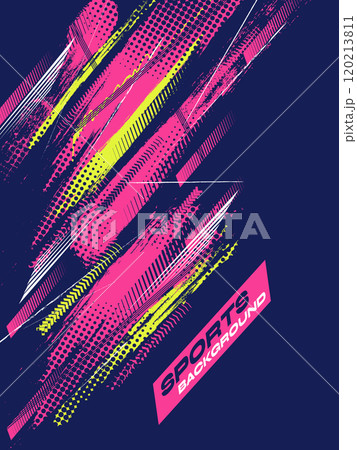 Sport Cover or Poster Design with Pink and Yellow Brush Strokes and Halftone Effect on Blue Background. Abstract Background Design in Grunge Style Sport Cover or Poster Design with Pink and Yellow Brush Strokes and Halftone Effect on Blue Background. Abstract Background Design in Grunge Style 120213811