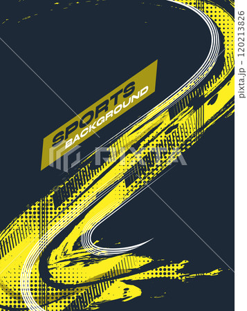 Sport Cover or Poster Design with Yellow Brush Strokes and Halftone Effect on Blue Background. Abstract Grunge Sport Background 120213826