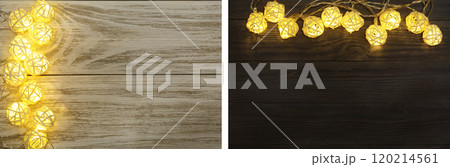 christmas garland lights on old wooden background with copy space for your text. Top view 120214561